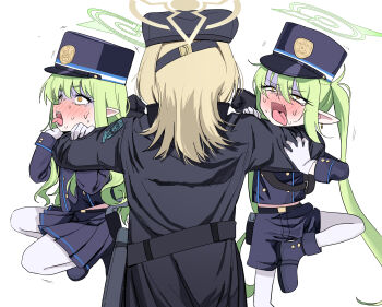 3girls absurdres asphyxiation black_coat black_gloves black_hat blonde_hair blue_archive blue_hat blue_jacket blue_shorts blue_skirt blush buttons coat commentary crying crying_with_eyes_open double-breasted furrowed_brow gloves green_hair halo hand_on_another's_arm hat headlock highres hikari_(blue_archive) jacket kepi lifting_person long_hair long_sleeves midriff_peek military_hat mochini multiple_girls nose_blush nozomi_(blue_archive) pantyhose pantyhose_under_shorts pleated_skirt pointy_ears rolling_eyes shorts simple_background skirt standing strangling struggling suou_(blue_archive) sweat tears tongue tongue_out turn_pale twintails very_long_hair white_background white_gloves white_pantyhose wide-eyed yellow_eyes