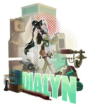 1girl absurdres antique_phone bangboo_(zenless_zone_zero) bare_shoulders black_hair black_shorts blurry blurry_background braid braided_twintails character_name commentary_request corded_phone detached_sleeves dialyn_(zenless_zone_zero) dotted_background dress hair_extensions hair_ornament hairclip highres holding holding_phone long_hair multicolored_hair necktie one_eye_closed open_mouth overtimeboo_(zenless_zone_zero) pelvic_curtain phone phone_booth red_pupils ring_hair_extensions shorts simple_background solo_focus split-color_hair talking_on_phone thighhighs um4yd white_background white_dress white_hair white_thighhighs wire yellow_eyes yellow_necktie zenless_zone_zero