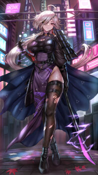 1girl ahoge armor autumn_leaves black_boots black_gloves boots breasts brown_hair brown_thighhighs building cleavage closed_mouth commentary_request crossed_legs elbow_gloves electricity eyepatch fishnet_pantyhose fishnets floating_hair gloves grey_hair hair_over_one_eye hand_up highres himonoata holding holding_weapon japanese_armor kusazuri large_breasts leaf long_hair long_sleeves mole mole_under_eye neon_lights night original outdoors pantyhose pelvic_curtain puffy_long_sleeves puffy_sleeves red_eyes shoulder_armor sky smile sode solo thighhighs thighhighs_over_pantyhose torn_clothes torn_thighhighs very_long_hair watson_cross weapon weapon_request