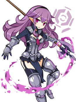 Rule 34 | 1girl, :o, armor, black garter straps, black hairband, breasts, cleavage cutout, clothing cutout, commentary, curly hair, disgaea, double-parted bangs, dress, fighting stance, foot out of frame, foreshortening, garter straps, gauntlets, greaves, hairband, halberd, heavy knight (disgaea), high collar, highres, holding, holding polearm, holding weapon, knee guards, leg armor, legs apart, loincloth, long hair, long sleeves, looking at viewer, magic, neckerchief, parted lips, pink eyes, pink neckerchief, pointy ears, polearm, purple hair, short dress, simple background, small breasts, solo, suaman, v-shaped eyebrows, weapon, white background