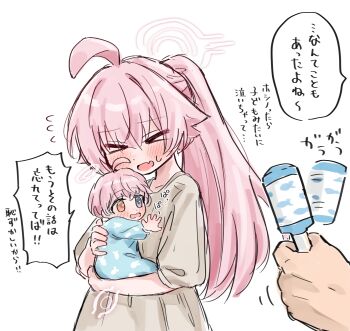 Rule 34 | > <, 1boy, 1girl, 1other, absurdres, ahoge, baby, baby carry, blue archive, carrying, commentary request, dress, family, fang, flying sweatdrops, grey dress, hair flaps, halo, heterochromia, highres, holding, holding rattle, hoshino (blue archive), long hair, pink hair, ponytail, pregnancy halo, pregnant, rattle, sensei (blue archive), simple background, skin fang, translation request, very long hair, white background, ymm (nxvd3735)