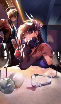 2girls alcohol asymmetrical_gloves bar_(place) black_hair blonde_hair blue_eyes breasts champagne_flute commentary_request cup drinking_glass earrings gem gloves hair_ornament halo highres honkai:_star_rail honkai_(series) hysilens_(honkai:_star_rail) in-universe_location indoors jacket jewelry long_hair looking_at_viewer medium_breasts mismatched_gloves mitara_abunai2 multiple_girls necktie pearl_(gemstone) shirt short_hair shrug_(clothing) sideboob single_earring siobhan_(honkai:_star_rail) very_long_hair wine wine_glass