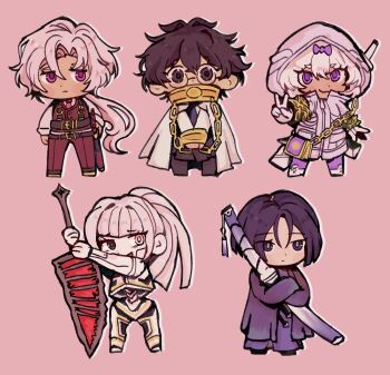 2boys 3girls :3 :d albina_(project_moon) black_eyes black_hair chain chained chibi chibi_only commentary english_commentary expressionless heterochromia highres holding holding_sword holding_weapon kira_(project_moon) krauuu003 light_frown limbus_company long_hair looking_at_viewer lucio_(project_moon) multiple_boys multiple_girls open_mouth pink_background pink_eyes pink_hair project_moon purple_eyes ren_(project_moon) short_hair simple_background smile sora_(project_moon) sword v weapon white_eyes white_hair