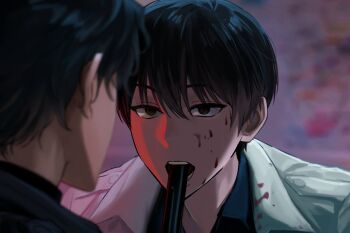 2boys black_eyes black_hair black_shirt blood blood_on_clothes blood_on_face blood_splatter blurry blurry_background coat collared_shirt gun_in_mouth hashtag-only_commentary highres keomikan kim_dokja male_focus multiple_boys omniscient_reader's_viewpoint open_clothes open_coat open_mouth popped_collar portrait scene_reference shirt short_hair sidelighting squid_game white_coat yoo_joonghyuk