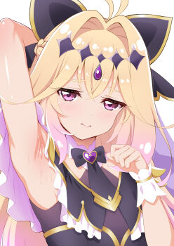 Rule 34 | 1girl, antenna hair, arm up, armpit focus, armpits, black dress, blonde hair, blush, bow, breasts, brooch, commentary, cure arcana shadow, diamond hairband, dress, earrings, forehead jewel, gold trim, hair intakes, hair ribbon, highres, jewelry, long hair, looking at viewer, magical girl, meitantei precure!, moria luluka, pink eyes, precure, purple veil, ribbon, small breasts, solo, sweat, untranslatable commentary, veil, wrist cuffs, yuunagi (0217)