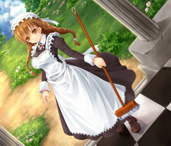 10s 1girl apron blush braid breasts broom brown_eyes brown_hair cloud day dress dutch_angle female_focus grass hat large_breasts long_hair maid maid_ane_(maoyuu) maid_apron makirin maoyuu_maou_yuusha mob_cap path road sky smile solo twin_braids victorian_maid