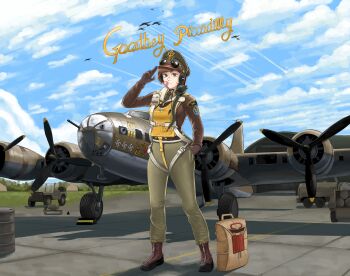 1girl absurdres aircraft airfield airplane b-17_flying_fortress bag barrel belt blue_sky bomb bomber bomber_jacket boots brown_boots brown_eyes brown_gloves brown_hair brown_jacket chewing_gum cloud contrail english_text explosive expressionless eyewear_on_head flight_suit freckles full_body garrison_cap gloves hat highres insignia jacket katyusha_(98269886) kill_markings looking_at_viewer military military_jeep military_uniform military_vehicle motor_vehicle nose_art original parachute patch peaked_cap pilot propeller salute short_hair sky solo standing strap sunglasses swastika thigh_strap two-finger_salute typo united_states united_states_army unworn_eyewear white_straps world_war_ii zipper zipper_footwear zipper_pull_tab