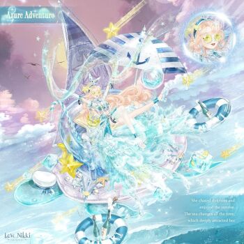 1girl anklet aqua_eyes aqua_sandals aqua_shirt aqua_skirt artist_request asymmetrical_skirt azure_adventure_(miracle_nikki) beach_umbrella blonde_hair blue_hairband boat bottle bow bow_hairband breasts character_name cleavage close-up cloud copyright_logo dot_nose elbow_gloves english_text food fruit full_body gloves hairband happy hat ice ice_cube jewelry lemon lemon_slice lifebuoy light_particles lipstick logo long_hair long_skirt makeup midriff miracle_nikki nikki_(series) ocean official_art outdoors outstretched_arms outstretched_leg parted_bangs parted_lips partially_underwater_shot pink_sky platform_sandals polka_dot polka_dot_bow red_lips round_eyewear sailboat sailor_hat sandals shirt shooting_star short_sleeves sitting skirt sky smile solo sparkle striped_bow sunglasses sunset swept_bangs swim_ring thigh_strap third-party_source tinted_eyewear umbrella unworn_hat unworn_headwear very_long_hair watercraft wavy_hair white_bow white_gloves wine_bottle yellow-tinted_eyewear