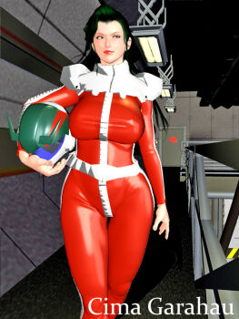 1girl black_hair breasts brown_eyes helmet holding holding_unworn_helmet kill_the_king large_breasts long_hair mature_female pilot_suit science_fiction solo unworn_headwear unworn_helmet