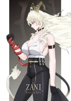 1girl absurdres arm_strap black_choker black_gloves black_horns black_pants black_tail blonde_hair breasts button_gap character_name choker clenched_hand collarbone commentary curled_horns english_commentary fire flame-tipped_tail from_side gloves hand_up high-waist_pants highres horns large_breasts long_hair necktie necktie_around_wrists pants parted_lips razes red_eyes red_necktie shirt shirt_tucked_in solo tail tight_clothes tight_pants torn_clothes torn_shirt white_shirt wuthering_waves zani_(wuthering_waves)