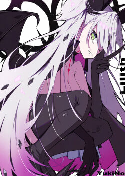 Rule 34 | 1girl, absurdres, bat wings, black thighhighs, fate/grand order, fate (series), gradient hair, green eyes, high heels, highres, lilith (fate), lilith (second ascension) (fate), multicolored hair, neck tattoo, one eye closed, pink hair, scissors, setsunoato, signature, smile, solo, spikes, squatting, tattoo, thighhighs, twintails, v, white hair, wings