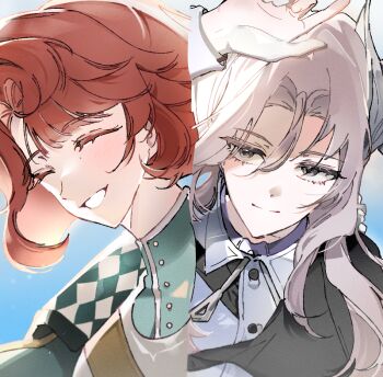 2girls ^_^ blue_background blue_jacket blue_shirt closed_eyes grey_eyes grey_hair grin hair_ornament hand_up jacket long_hair looking_at_viewer marsha_(reverse:1999) multiple_girls portrait red_hair reverse:1999 s2ds sentinel_(reverse:1999) shirt short_hair smile