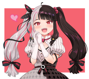 1girl :d ahoge black_hair blush bow bowtie breasts bright_pupils center_frills cleavage_cutout clothing_cutout commentary_request dress elbow_gloves frilled_dress frilled_sleeves frills gloves gold_buttons grey_hair hands_up haniwa_(leaf_garden) high-waist_skirt highres long_hair long_sidelocks looking_at_viewer low-tied_sidelocks medium_breasts multicolored_hair nijisanji open_mouth overskirt own_hands_clasped own_hands_together pink_background pink_bow pink_bowtie pink_streaks puffy_short_sleeves puffy_sleeves red_eyes sash short_sleeves sidelocks simple_background skirt smile solo split-color_hair streaked_hair striped_clothes striped_dress two-tone_background two-tone_hair two-tone_skirt upper_body vertical-striped_clothes vertical-striped_dress virtual_youtuber waist_ribbon white_dress white_gloves white_pupils yorumi_rena yorumi_rena_(1st_costume)