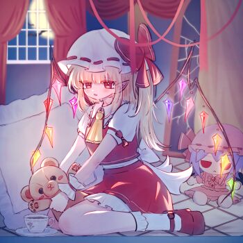 1girl ascot bare_legs blonde_hair blush bobby_socks bow broken_mirror character_doll chinese_commentary commentary crystal_wings cup curtains doll fang flandre_scarlet frilled_hat frilled_wristband frills full-length_mirror hat hat_bow highres indoors long_hair mirror mob_cap moon one_side_up pointy_ears red_bow red_skirt red_vest remilia_scarlet saucer shirt shirt_tucked_in short_sleeves simple_bat sitting skirt skirt_set socks solo stuffed_animal stuffed_toy teacup teddy_bear touhou vest wariza white_hat white_shirt white_socks wings xiyougakusei yellow_ascot