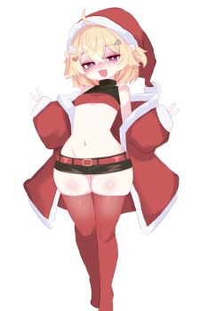 1girl :3 ahoge belt black_shirt black_skirt blonde_hair blush christmas double_v fang flat_chest fur-trimmed_headwear fur-trimmed_jacket fur_trim hair_bobbles hair_ornament hat heart heart_hair_ornament indie_virtual_youtuber jacket kukuchi581 loli long_sleeves looking_at_viewer midriff navel off-shoulder_jacket off_shoulder open_clothes open_jacket open_mouth pencil_skirt pom_pom_(clothes) purple_eyes red_belt red_hat red_jacket red_thighhighs santa_costume santa_hat shirt short_hair skirt sleeveless sleeveless_shirt sleeves_past_wrists smile standing sylvie_ruru thick_thighs thighhighs thighs twintails v virtual_youtuber white_background wide_hips wing_hair_ornament