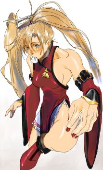 1girl bare_shoulders breasts brown_eyes brown_hair can china_dress chinese_clothes commentary_request detached_sleeves dress food food_in_mouth gradient_background grey_background guilty_gear highres knee_up kuradoberi_jam long_hair medium_breasts miniskirt nail_polish red_dress red_nails red_shoes shoes sideboob skirt solo standing standing_on_one_leg steamed_bun storyteller777 tassel very_long_hair white_background wide_sleeves