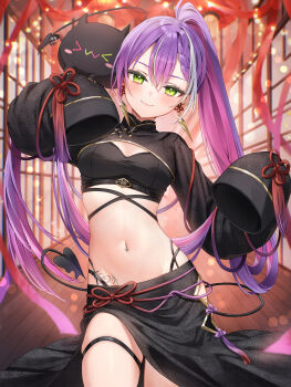 &gt;_&lt; 1girl :3 absurdres alternate_costume alternate_hairstyle bibi_(tokoyami_towa) black_shrug black_skirt blurry bokeh braid braided_bangs breasts closed_mouth colored_inner_hair commentary_request creature crop_top demon_girl demon_tail depth_of_field earrings extreme_crop_top fang green_eyes hair_between_eyes hands_up head_tilt highres hololive jewelry looking_at_viewer melting_tail midriff multicolored_hair navel navel_piercing piercing pink_hair purple_hair runlan_0329 shrug_(clothing) side_slit skin_fang skirt sleeves_past_fingers sleeves_past_wrists small_breasts solo streaked_hair tail tail_ornament tail_piercing tassel thigh_strap thighs tokoyami_towa virtual_youtuber white_hair wooden_floor