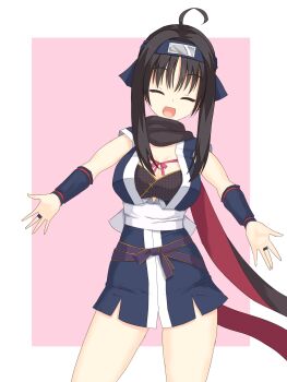 1girl :d \||/ ^_^ absurdres ahoge armor black_hair black_scarf blue_bridal_gauntlets blue_kimono border bow breastplate breasts bridal_gauntlets closed_eyes commentary_request cowboy_shot facing_viewer forehead_protector hair_between_eyes highres hitachi_mako japanese_clothes kimono kuji-in large_breasts long_scarf ninja open_mouth outline outside_border outstretched_arms pink_background pink_bow red_scarf scarf senren_banka shirayamakoma short_hair_with_long_locks simple_background sleeveless sleeveless_kimono smile solo standing two-sided_scarf white_border white_outline
