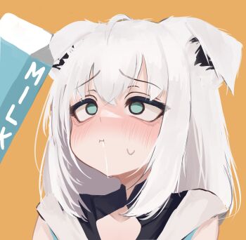 1girl absurdres ahoge animal_ear_fluff animal_ears aqua_eyes black_shirt blush commentary constricted_pupils drinking dripping droopy_ears empty_eyes english_commentary expressive_hair eyelashes fox_ears fox_girl full_mouth hair_between_eyes highres hololive long_hair lucien_000298 milk milk_carton nose_blush orange_background portrait raised_eyebrows sexually_suggestive shirakami_fubuki shirt sick sidelocks sleeveless sleeveless_shirt solo suggestive_fluid sweatdrop uncomfortable virtual_youtuber white_hair white_shirt