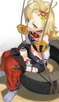 1girl absurdres bare_shoulders belt black_shorts black_tube_top blonde_hair closed_mouth commentary_request crop_top detached_pants detached_sleeves earrings gloves goggles goggles_around_neck green_eyes hair_ornament hairpin highres holding holding_rope jewelry looking_at_viewer navel on_swing orange_pants pants piper_wheel rope shinarika396 shoes shorts sitting solo spiked_shirt stomach strapless swing tube_top unused_tire white_background white_shoes white_sleeves yellow_gloves zenless_zone_zero