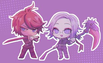 2boys ahoge aotsuki_eito black_hair blue_eyes chibi chibi_only closed_mouth eyebrows eyelashes frown holding holding_scythe holding_sword holding_weapon kawati last_defense_academy_school_uniform looking_at_viewer messy_hair multicolored_eyes multicolored_hair multiple_boys open_mouth parted_lips purple_background red_eyes red_hair scythe simple_background sumino_takumi sword the_hundred_line_-last_defense_academy- weapon white_hair