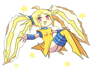 1girl ahoge blonde_hair blush_stickers bracer colored_skin commentary eleki_(kasugai_(de-tteiu)) gen_8_pokemon inverted_triangle_mouth kasugai_(de-tteiu) legendary_pokemon nintendo personification pokemon red_eyes regieleki sidelocks solo star_(symbol) yellow_leggings yellow_skin
