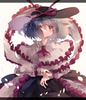 1girl ascot black_hat black_skirt blue_hair closed_mouth commentary_request cowboy_shot english_text frilled_shirt frills hat hat_ribbon letterboxed looking_at_viewer nagae_iku one-hour_drawing_challenge red_ascot red_eyes red_ribbon ribbon shinjitsu_no_kuchi shirt short_hair simple_background skirt smile solo sun_hat touhou white_background white_shirt
