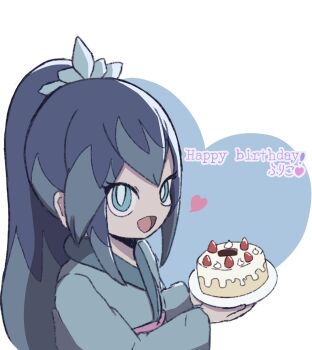 1girl blue_eyes blue_hair blue_kimono cake commentary_request english_text food fubukihime hanabusa_8723ha happy_birthday heart highres holding holding_cake holding_food japanese_clothes kimono long_hair looking_at_viewer open_mouth solo upper_body youkai_(youkai_watch) youkai_watch