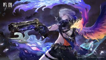 1girl absurdres aiming asymmetrical_wings back back_tattoo black_gloves black_jacket black_shorts black_wings blue_hair chimera_(wuthering_waves) colored_inner_hair cropped_jacket earrings feathered_wings galbrena_(wuthering_waves) gloves grey_hair gun highres holding holding_gun holding_weapon jacket jewelry logo looking_at_viewer looking_back medium_hair mismatched_wings multicolored_hair official_art purple_eyes rain short_shorts shorts smoke smoking_barrel solo tacet_discord_(wuthering_waves) tacet_mark_(wuthering_waves) tattoo thigh_strap weapon wet wings wuthering_waves