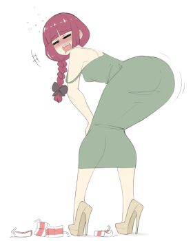 ass bocchi_the_rock! dress drunk green_dress high_heels highres hiroi_kikuri huge_ass motion_lines platform_heels red_hair sealguy simple_background squeans