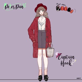 1girl bag blue_hair brown_hair captain_hook character_name coat contemporary copyright_name genderswap hat humanization long_hair looking_at_viewer meecosme nail_polish shirt shoes short_hair socks solo swap walt_disney&#039;s_peter_pan