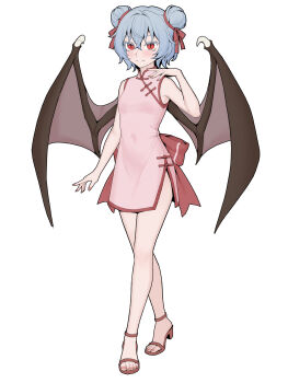 1girl absurdres back_bow bat_wings blue_hair bow breasts china_dress chinese_clothes closed_mouth crossed_bangs crossed_legs double_bun dress fang feet fingernails full_body hair_between_eyes hair_bun hair_ribbon hand_up high_heel_sandals highres looking_at_viewer pink_dress red_bow red_eyes red_ribbon remilia_scarlet ribbon sandals short_hair side_slit slit_pupils small_breasts smile solo standing toes touhou wings youpofen