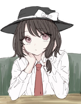 1girl black_hat bow brown_hair closed_mouth collar commentary couch elbow_rest hair_bow hands_on_own_cheeks hands_on_own_face hat hat_bow kashiwada_kiiho long_sleeves looking_at_viewer necktie pink_eyes shirt simple_background sitting sleeve_cuffs solo symbol-only_commentary table touhou usami_renko white_background white_bow white_collar white_shirt