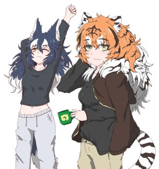 Rule 34 | 2girls, alternate costume, animal ears, arm behind head, arms up, black hair, black shirt, brown cardigan, brown pants, cardigan, cardigan on shoulders, casual, closed mouth, drawstring, fang, grey background, grey wolf (kemono friends), hair between eyes, highres, kemono friends, km9kcaxsbjnmmyw, legs apart, long sleeves, looking at viewer, messy hair, midriff peek, multicolored hair, multiple girls, navel, one eye closed, open cardigan, open clothes, orange hair, pants, shirt, siberian tiger (kemono friends), simple background, skin fang, standing, stomach, stretching, tail, tiger ears, tiger girl, tiger tail, track pants, two-tone hair, white hair, wolf ears, wolf girl, wolf tail, yellow eyes