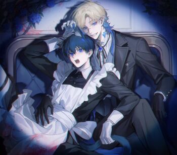 Rule 34 | 2boys, alternate costume, animal ears, apron, bespectacled, black dress, black gloves, black jacket, black pants, blonde hair, blood, blood on clothes, blue eyes, blue flower, blue hair, blue lock, blue rose, bolo tie, cat boy, cat ears, cat tail, closed mouth, collared dress, collared shirt, commentary, crossdressing, crossdressing (mtf), crossed legs, dress, fangs, flower, flower tattoo, frilled apron, frills, glasses, gloves, grey vest, grin, highres, isagi yoichi, jacket, leaning on person, looking at another, looking at viewer, maid, maid apron, maid headdress, male focus, male maid, michael kaiser, multicolored hair, multiple boys, neck tattoo, open mouth, pants, pcal pcal, rose, shirt, short hair with long locks, sitting, smile, tail, tattoo, two-tone hair, vest, waistcoat, white apron, white gloves, white shirt, yaoi