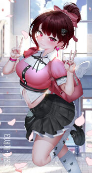 Rule 34 | 1girl, absurdres, backpack, bag, black shoes, black skirt, bow, breasts, brown hair, closed mouth, collared shirt, crop top, double v, earrings, hair bow, hair bun, hair ornament, heart, heart earrings, highres, jewelry, jururu, kneehighs, korean commentary, looking at viewer, making-of available, medium breasts, midriff, miniskirt, nail polish, navel, petals, pink bag, pink bow, pink eyes, pink nails, pink shirt, pleated skirt, puffy short sleeves, puffy sleeves, ribbon, shirt, shoes, short hair, short sleeves, skirt, smile, socks, solo, stairs, standing, standing on one leg, v, virtual youtuber, waktaverse, white socks, yeon do e