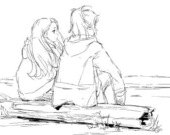 2girls beach grass greyscale highres jacket kamiina_botan_yoeru_sugata_wa_yuri_no_hana kitamori_yaeka log long_hair monochrome multiple_girls nazo_no_anime-dan ocean outdoors ponytail sitting yusa_akane