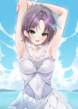 1girl absurdres armpits arms_up asakura_toru blush breasts commentary covered_navel dress green_eyes highres hungnya idolmaster idolmaster_shiny_colors looking_at_viewer medium_breasts outdoors presenting_armpit purple_hair short_hair sleeveless sleeveless_dress smile solo white_dress