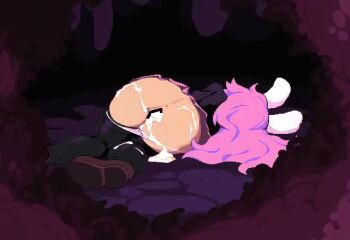 1girl after_rape aftersex animated animated_gif ass cave censored cum cum_in_pussy formal_clothes from_behind huge_ass lowres namako_daibakuhatsu panties panties_around_thighs pixel_art purple_hair rabbit_ears reisen_udongein_inaba shaking suit thighhighs touhou underwear unworn_panties