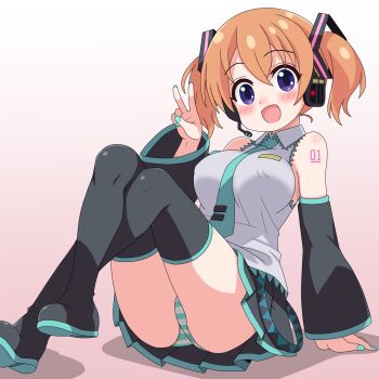 1girl aqua_nails arm_support arm_tattoo bare_shoulders black_shoes black_skirt black_thighhighs blue_eyes blush breasts brown_hair collared_shirt commentary_request cosplay crossed_legs crotch_seam detached_sleeves fingernails full_body gochuumon_wa_usagi_desu_ka? gradient_background grey_shirt hair_between_eyes hand_up hatsune_miku hatsune_miku_(cosplay) headset highres hoto_cocoa large_breasts long_bangs long_sleeves looking_at_viewer miniskirt nail_polish nose_blush number_tattoo open_mouth panties pleated_skirt raised_eyebrows reclining sakuzo shirt shoes short_hair short_twintails skirt sleeveless sleeveless_shirt solo striped_clothes striped_panties tareme tattoo thighhighs twintails underwear wide_sleeves wing_collar zettai_ryouiki