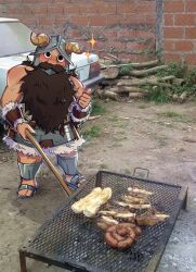 Rule 34 | 1boy, beard, blush, commentary, cooking, dark-skinned male, dark skin, dungeon meshi, dwarf, facial hair, fake horns, food, full body, grill, grilling, head tilt, helmet, highres, holding, holding tongs, horned helmet, horns, long beard, looking at viewer, male focus, parody request, photo background, senshi (dungeon meshi), solo, spanish commentary, sparkle, standing, thick mustache, thumbs up, toned, toned male, tongs, very long beard, yumaindis