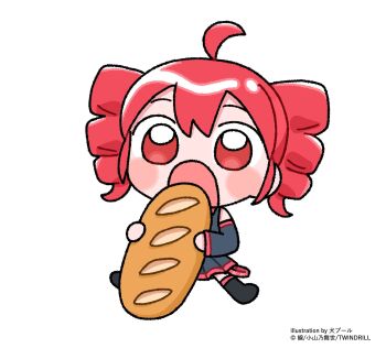 1girl 1nupool ahoge artist_name baguette bare_shoulders black_boots black_shirt black_skirt black_sleeves blush_stickers boots bread chibi chibi_only commentary_request copyright_notice detached_sleeves double-parted_bangs drill_hair eating food full_body highres holding holding_food kasane_teto kasane_teto_(utau) long_sleeves official_art open_mouth pleated_skirt red_eyes red_hair shirt short_hair simple_background sitting skirt sleeveless sleeveless_shirt solo thigh_boots thighhighs twin_drills utau white_background zettai_ryouiki