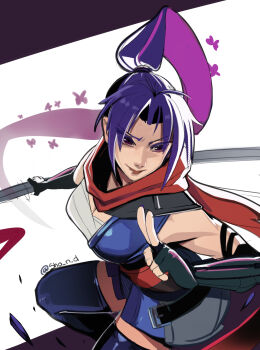 Rule 34 | 1girl, absurdres, bare shoulders, breasts, elbow gloves, gloves, highres, holding, holding sword, holding weapon, japanese clothes, katana, kimono, long hair, looking at viewer, marvel, marvel rivals, ponytail, psylocke, psylocke (sai), purple eyes, purple hair, sarashi, scarf, sho-n-d, solo, superhero costume, sword, weapon, x-men
