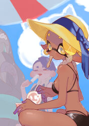 Rule 34 | 1boy, 2girls, absurdres, alternate costume, alternate hairstyle, bare shoulders, big man (splatoon), bikini, black bikini, blonde hair, blue hair, blue one-piece swimsuit, blue ribbon, blue sky, blush, braid, breasts, bright pupils, cephalopod eyes, colored eyelashes, cup, dark-skinned female, dark skin, day, earrings, food, frye (splatoon), green eyes, hair behind ear, hat, hat ribbon, highres, holding, holding cup, holding food, holding popsicle, ice cream cup, ice cream spoon, inkling, innertube, jewelry, licking, long hair, long pointy ears, looking at viewer, mainichi yamucha, mouth hold, multiple girls, nintendo, octoling, one-piece swimsuit, outdoors, pink pupils, pointy ears, popsicle, red eyes, ribbon, shiver (splatoon), short eyebrows, single earring, sitting, sky, splatoon (series), splatoon 3, spoon, star-shaped pupils, star (symbol), straw hat, suction cups, sun hat, sweat, swim ring, swimsuit, symbol-shaped pupils, tentacle hair, twin braids, two-tone eyes, white pupils, yellow eyes, yellow hat