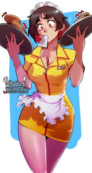 1girl absurdres apron artist_name between_breasts breasts brown_hair cleavage commentary dress english_commentary food haysey highres holding holding_plate medium_breasts mouth_hold niijima_makoto pancake persona persona_5 plate red_hair short_hair solo twitter_username waitress white_apron yellow_dress