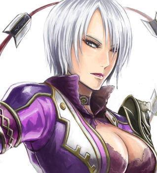 1girl blush breasts cleavage female_focus hair_over_one_eye isabella_valentine jacket lips lipstick makeup nyaasora purple_lips short_hair solo soul_calibur soulcalibur soulcalibur_v upper_body very_short_hair weapon whip_sword white_hair