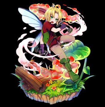 1boy ahoge antonia_(merc_storia) black_background blonde_hair boots brown_pants curtained_hair dual_wielding elf fairy_wings fallen_tree fighting_stance flower full_body gloves green_boots green_eyes green_vest highres holding holding_sword holding_weapon leaf merc_storia merc_storia_art_team official_art open_clothes open_mouth open_vest pants pointy_ears purple_gloves red_shirt shirt short_hair simple_background smoke solo standing standing_on_one_leg sword tachi-e teeth upper_teeth_only v-shaped_eyebrows vest weapon wings
