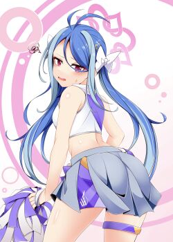 1girl absurdres alternate_costume alternate_hair_length alternate_hairstyle ass bare_shoulders blue_archive blue_hair bow breasts cheerleader crop_top fubuki_(blue_archive) hair_bow highres kagayai_akira looking_at_viewer looking_back miniskirt multicolored_hair pink_eyes pom_pom_(cheerleading) skirt small_breasts solo two-tone_hair white_bow