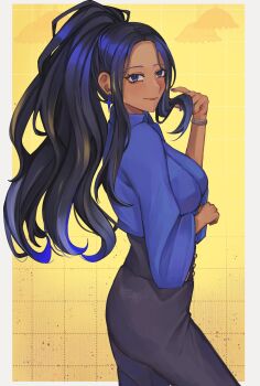 1girl alternate_costume alternate_hairstyle black_hair black_pants blue_eyes blue_hair blue_nails blue_shirt border bracelet breasts closed_mouth commentary commission earrings english_commentary eyelashes fingernails geeta_(pokemon) grid_background high-waist_pants highres holding_own_hair jewelry lips long_hair long_sleeves multicolored_hair nail_polish nintendo pants pokemon pokemon_scarlet_and_violet ponytail rurui134 shirt smile solo two-tone_hair vgen_commission white_border yellow_background