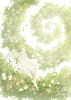 1girl absurdres angel angel_wings arm_at_side barefoot bug butterfly commentary_request dress flower flying from_behind full_body goke_shike_(altamira05) green_hair green_theme highres insect medium_hair nature original pink_flower short_dress sleeveless sleeveless_dress solo spiral white_dress white_flower wings